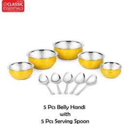 Classic Essentials 10 Pcs Stainless Steel Yellow Induction Base Cookware Handi Set with Lid image 2