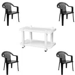 Italica 4 Pcs Polypropylene Black Premium Arm Chair &a; White Table with Wheels Set, 9201-4/9509-picture-13