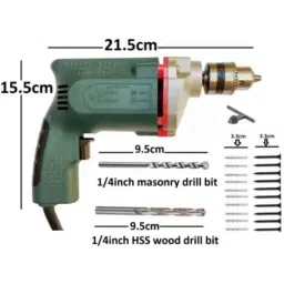 Imported 10mm 350W Blue Heavy Duty Electric Drill Machine with 1Pc 1/4 inch Masonry Drill Bit, 20Pcs Screw Patch, 1Pc HSS Wood Bit Set Power &a; Hand Tool Kit image 2