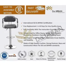 Da URBAN M-363-Black-2 Costa Height Adjustable Bar Stool Chair (Pack of 2) image 2