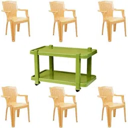 Italica 6 Pcs Polypropylene Marble Beige Comfort Arm Chair &a; Green Table with Wheels Set, 9001-6/9509-picture-26