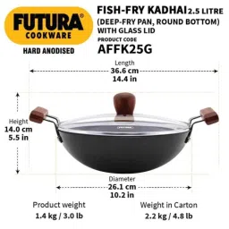 Hawkins Futura 2.5 Litre 25cm Round Bottom Fish Fry Kadhai with Glass Lid, AFFK 25G (Pack of 5) image 3