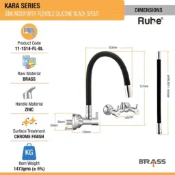 Ruhe Kara Brass Chrome Finish Sink Mixer with Flexible Black Silicone Spout, 11-1514-FL-BL image 2
