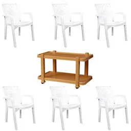 Italica 6 Pcs Polypropylene White Luxury Arm Chair &a; Marble Beige Table with Wheels Set, 9408-6/9509-picture-43