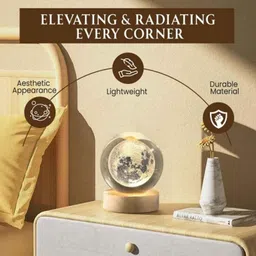Gigawatts Warm White 3D Effect LED Moon Crystal Ball Lamp with Wooden Base &a; USB Powered Rechargeable image 3