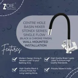 Zoie Stonex Brass Black Chrome Finish Basin Mixer with Swivel Spout, Z27043 image 2