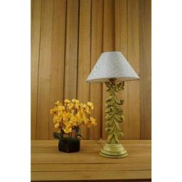 Tucasa Mango Wood Crushed Yellow Carving Table Lamp with 10 inch Polycotton Silver Circle Pyramid Shade, WL-63-picture-34