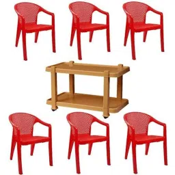 Italica 6 Pcs Polypropylene Red Oxy Arm Chair &a; Marble Beige Table with Wheels Set, 5202-6/9509-picture-14