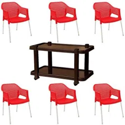 Italica 6 Pcs Polypropylene Red Plasteel Arm Chair &a; Nut Brown Table with Wheels Set, 1209-6/9509-picture-37
