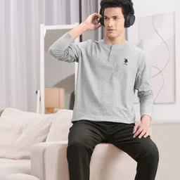 U.S. Polo Assn. Men Grey Melange Pure Cotton Solid Henley Neck Lounge T-shirt-picture-48