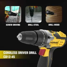 Vormir VR CD12-45 12V 10mm 25Nm 0-400 &a; 0-1450rpm Plastic Yellow Cordless Drill Driver Set, CD1245S000 image 5
