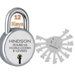 Hindson 65mm Silver Metal Double Locking Padlock with 12 Silver Keys, Round 65 image 2