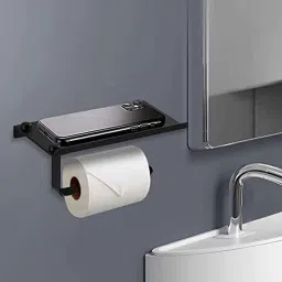 Aquieen Stainless Steel 304 Matte Black Toilet Paper Holder with Mobile Phone Storage Shelf image 3