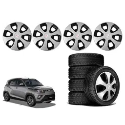 Auto Pearl 4 Pcs 14 inch Polypropylene Silver &a; Black Press Type Car Wheel Cover Set with Retention Ring for Mahindra KUV 100 nxt 2017 Onwards, WC14in_WagonR19_SilBlk_KUV100nxt2017onw image 2
