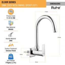 Ruhe Elixir Brass Chrome Finish Sink Cock with 15 inch Round Swivel Spout, 11-0112-RM image 2