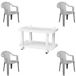 Italica 4 Pcs Polypropylene Marble Grey Premium Arm Chair &a; White Table with Wheels Set, 9201-4/9509-picture-16