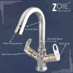 Zoie Orneo Brass Silver Chrome Finish Basin Mixer with Swivel Spout, Z31017 image 4
