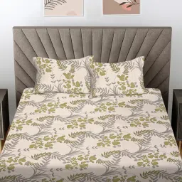 FABINALIV Beige Floral Cotton Blend King Bedsheet with 2 Pillow Covers-image-37