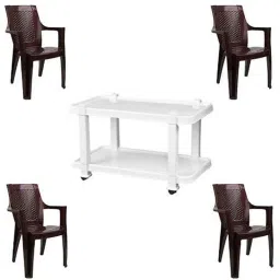 Italica 4 Pcs Polypropylene Weather Brown Premium Arm Chair &a; White Table with Wheels Set, 9006-4/9509-picture-30