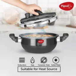 Pigeon Swift 6L &a; 3L Aluminium Black Induction Base Hard Anodised Pressure Cooker &a; Kadhai Combo with Glass Lid, 12784 image 3