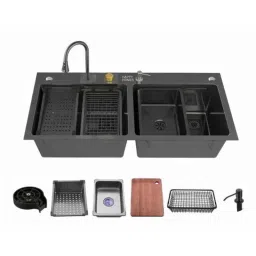 Happy Homes 47x18x10 inch SS 304 Stainless Steel Black Double Bowl Kitchen Sink with Drain Basket-image-10