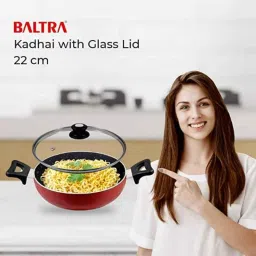 Baltra 3.5L Aluminium Maroon Induction Bottom Marble Finish Non-Stick Kadhai with Glass Lid, BTN-206 image 5