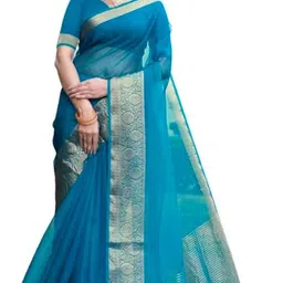 ss sarees Solid/Plain, Woven, Striped Banarasi Organza Saree image 4
