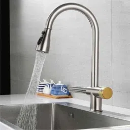 Fossa Stainless Steel Grey Single Hole Kitchen Sink Faucet with Pull Down Sprayer &a; Waterfall Shower image 3