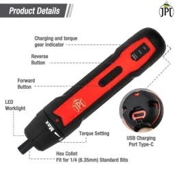 JPT GO 6.35mm 3.6V 2000mAh Li-ion Battery Operated Cordless Screwdriver Set with 30 Pcs Bits &a; Extension Rod image 4