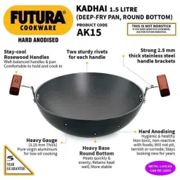 Hawkins Futura 1.5 Litre 22cm Hard Anodised Round Bottom Deep Kadhai, AK 15 (Pack of 3) image 3