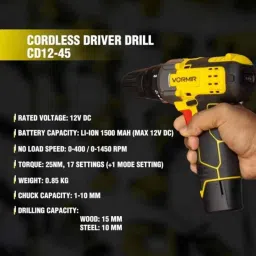 Vormir VR CD12-45 12V 10mm 25Nm 0-400 &a; 0-1450rpm Plastic Yellow Cordless Drill Driver Set, CD1245S000 image 3
