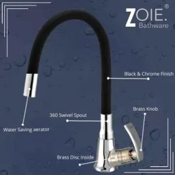 Zoie Viva Brass Chrome Finish Kitchen Sink Tap with Black Flexible Silicone Swivel Spout, Z28041 image 5