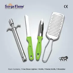 Surya Flame 4 Pcs Stainless Steel Elegant Gas Stove Lighter with Knife, Peeler Knife &a; Shredder Set image 4