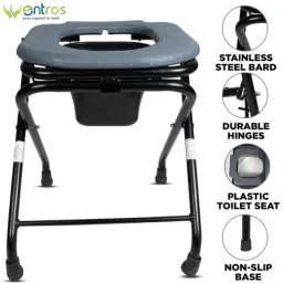 Entros 100kg Oval Cut Foldable MS Commode Stool with Pot Bucket &a; Safety Lock, OC-S779A image 2