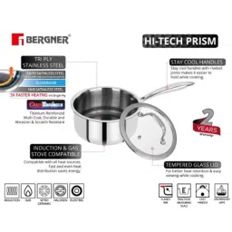 Bergner Hitech Prism 18cm 2.2L Silver Non Stick Stainless Steel Sauce Pan with Glass Lid, BG-31149-MM image 3