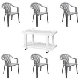Italica 6 Pcs Polypropylene Metallic Grey Premium Arm Chair &a; White Table with Wheels Set, 9201-6/9509 image 1