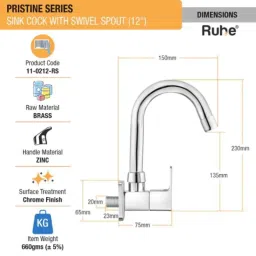 Ruhe Pristine Brass Chrome Finish Sink Cock with 12 inch Round Swivel Spout, 11-0212-RS image 2