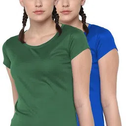 dsws Pack of 2 Women Sporty, Solid Round Neck Polyester Dark Green, Blue T-Shirt-picture-15