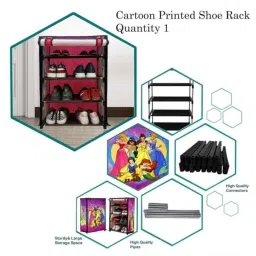 Glowsilk 4 Shelves Metal &a; Non-Woven Pink Modular Shoe Rack with Unique Princess Print image 5