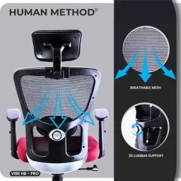 HUMAN METHOD VIBE HB-PRO High Back Steel Black &a; Maroon Ergonomic Chair with Adjustable Lumbar Support, HMVS01-PR05 image 5
