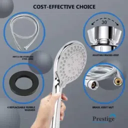 Prestige Prime 5 Pcs Brass Chrome Finish Wall Mounted 3 in 1 Wall Mixer, 4 inch Overhead Shower, Adjustable Hand Shower, 1.5m Hose &a; Wall Hook Set image 2