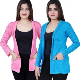 bg online Women Jacket Style Full Sleeve Light Blue, Pink Shrug image 1