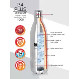 Dhara 24 Plus 1000ml Stainless Steel 304 Silver Water Bottle, DBS1000 image 2