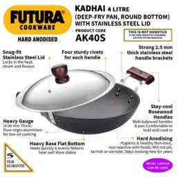 Hawkins Futura 4 Litre 30cm Hard Anodized Round Bottom Deep Kadhai with Lid, AK 40S (Pack of 5) image 2