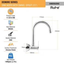 Ruhe Demure Brass Chrome Finish Sink Mixer with 15 inch Round Swivel Spout, 11-0314-RM image 2