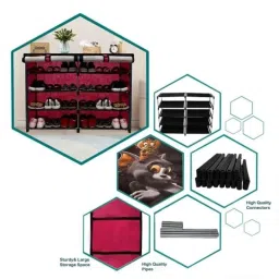 Philoshop 8 Shelves Metal Pink MatteModular Shoe Rack with 100 GSM Non Woven Tom &a; Jerry Cartoon Print Fabric image 3