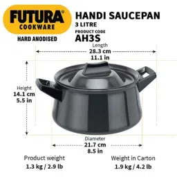 Hawkins Futura 3L 21cm Hard Anodised Handi Saucepan with Lid &a; 2 Short Handle, AH 3S image 4