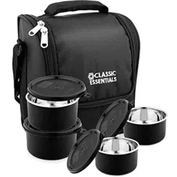 Classic Essentials 4 Pcs 350ml Stainless Steel Black Container Lunch Box with Bag-picture-41