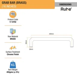 Ruhe 16 inch Brass Chrome Finish Wall Mounted Grab Bar, 17-0702 image 2