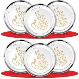 Classic Essentials CE-06 6 Pcs Stainless Steel Permanent Laser Peacock Design Dinner Plate Set (Pack of 5)-image-76
